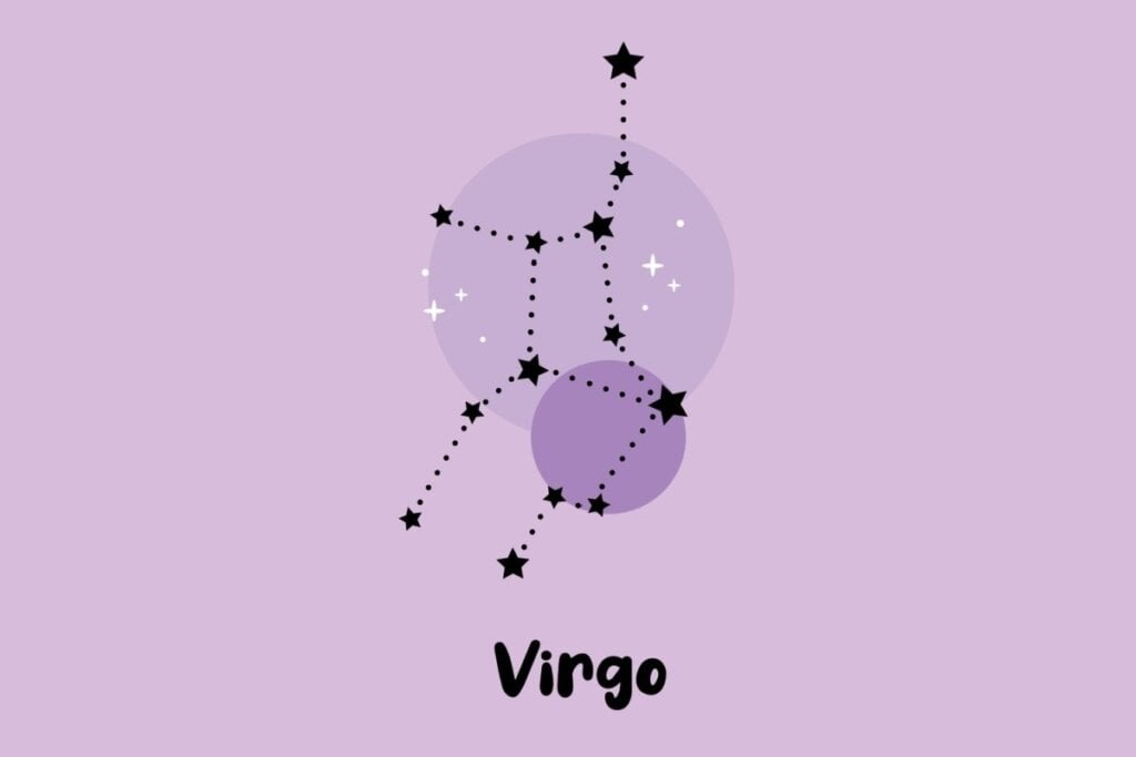 Horóscopo do dia: previsão para os 12 signos em 04/05/2025 60 Ilustração da constelação do signo de Virgem com traços pontilhados em fundo lilás