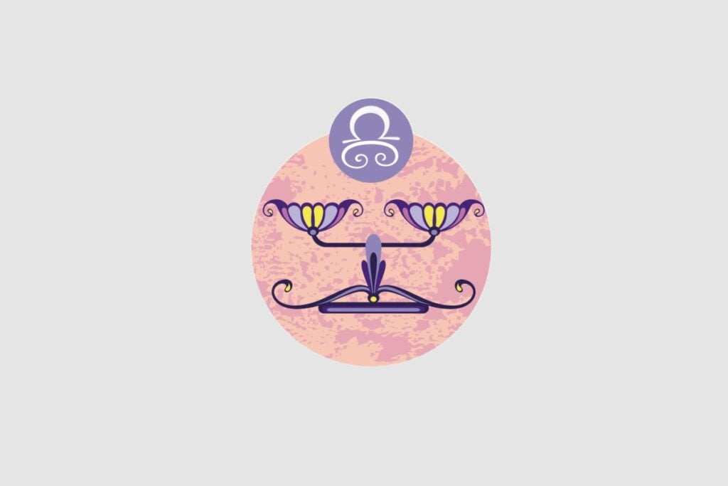 Horóscopo do dia: previsão para os 12 signos em 21/05/2025 61 Ilustração do signo de Libra, com uma balança estilizada de pratos floridos, sobre um fundo circular em tons rosados