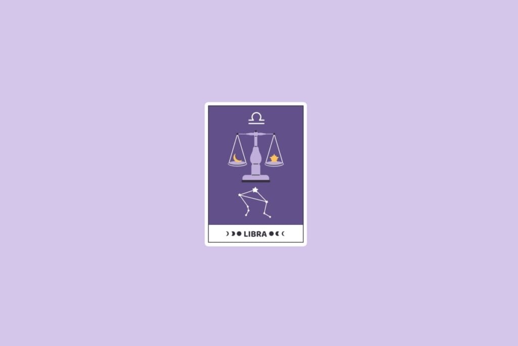 Previsão dos signos de 05 a 11 de maio de 2025 61 Ilustração do signo de Libra com uma balança equilibrada, acompanhada por elementos de lua e estrela, em um fundo roxo com a constelação do signo visível