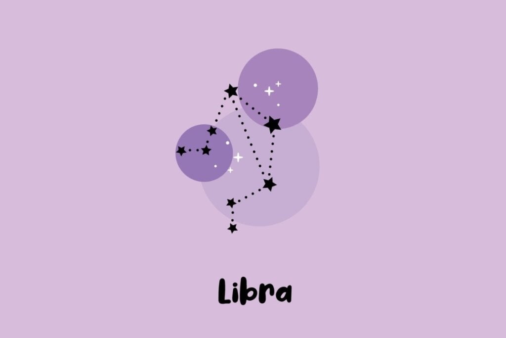 Horóscopo do dia: previsão para os 12 signos em 04/05/2025 61 Ilustração da constelação do signo de Libra com estrelas pretas e círculos em tons de roxo.