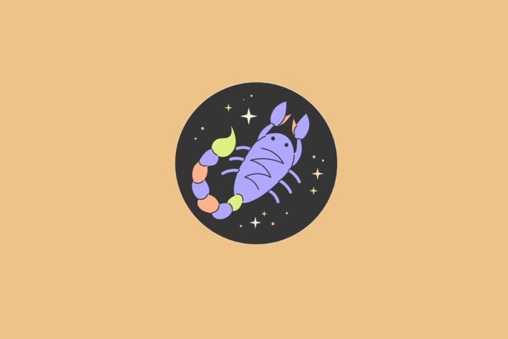 Horóscopo do dia: previsão para os 12 signos em 07/05/2025 62 Ilustração do signo de Escorpião, em fundo alaranjado, com um escorpião roxo de corpo segmentado e cauda levantada