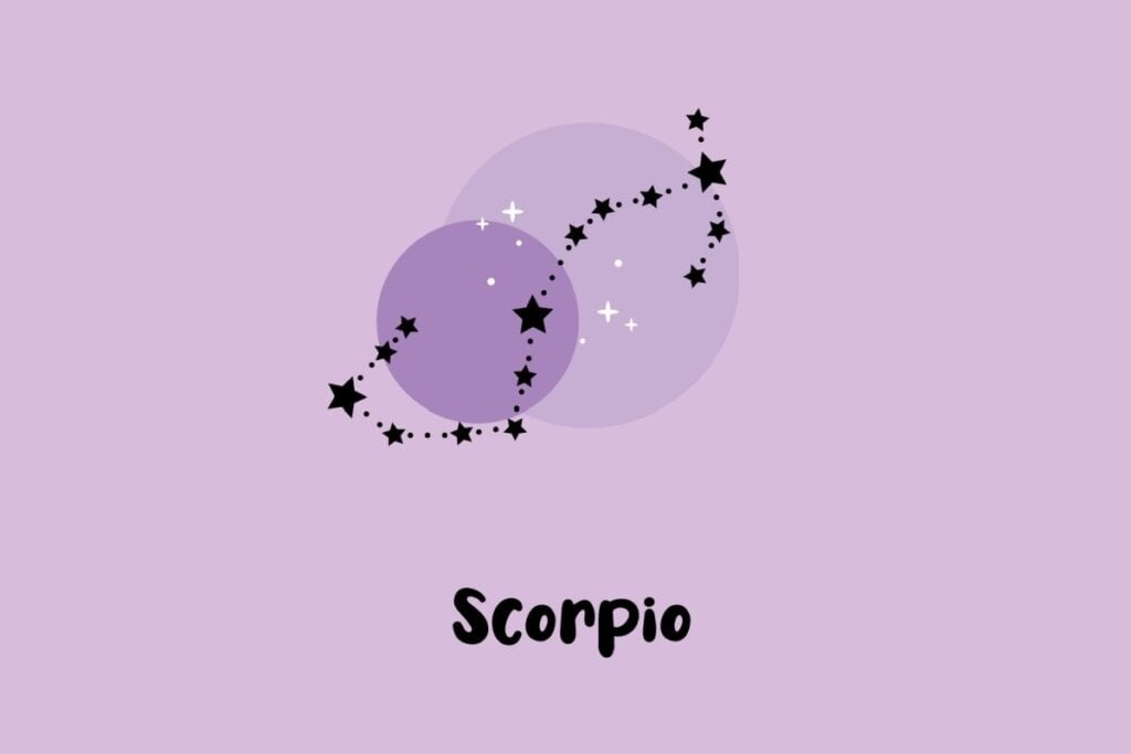Horóscopo do dia: previsão para os 12 signos em 04/05/2025 62 Ilustração da constelação do signo de Escorpião com pontos conectando estrelas sobre fundo lilás