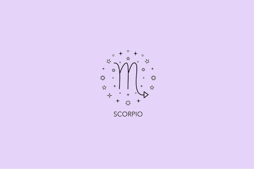 4 signos com forte conexão com a maternidade 16 Imagem com fundo lilás apresentando o símbolo astrológico do signo de Escorpião rodeado por pequenas estrelas