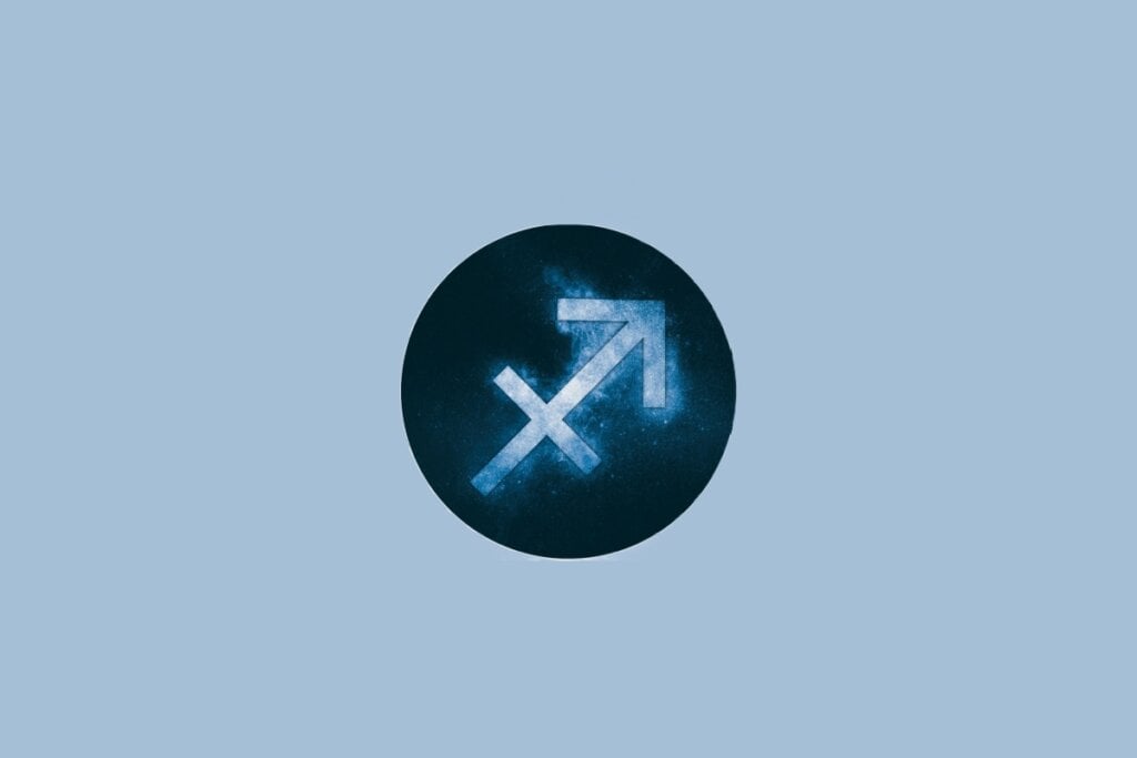 Horóscopo do dia: previsão para os 12 signos em 08/05/2025 63 Ilustração do signo de Sagitário, em fundo azulado, com uma seta inclinada para cima e à direita cruzando um traço diagoNAL