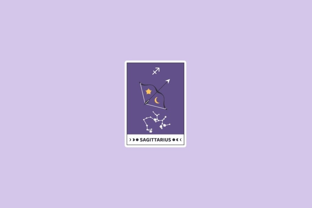 Previsão dos signos de 05 a 11 de maio de 2025 63 Ilustração do signo de Sagitário mostrando um arco e flecha com elementos de lua e estrela, tudo em um fundo roxo, acompanhado pela constelação correspondente