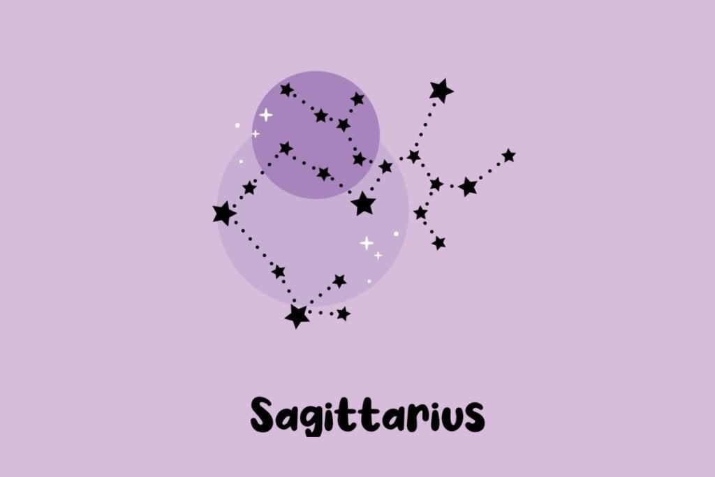 Horóscopo do dia: previsão para os 12 signos em 04/05/2025 63 Ilustração da constelação do signo de Sagitário com estrelas pretas em destaque sobre fundo lilás