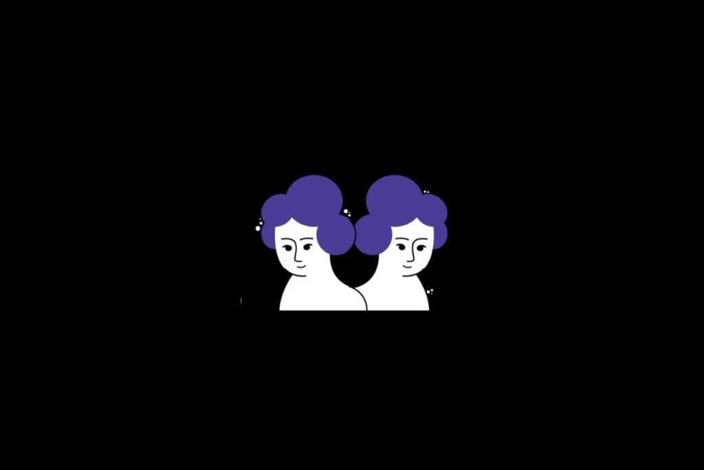 Horóscopo do dia: previsão para os 12 signos em 24/05/2025 57 Ilustração do signo de gêmeos nas cores branco e roxo em um fundo preto