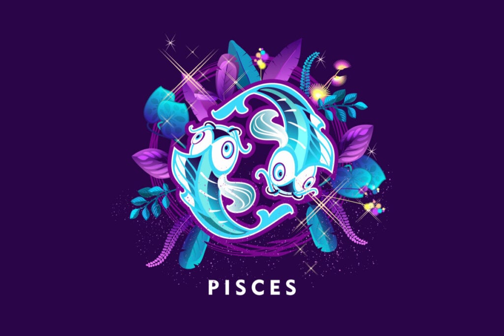Horóscopo do dia: previsão para os 12 signos em 30/05/2025 66 Símbolo do signo de Peixes em um fundo roxo