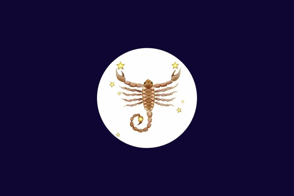 Horóscopo do dia: previsão para os 12 signos em 14/05/2025 62 Ilustração do signo de escorpião em um círculo branco sobre um fundo azul-escuro