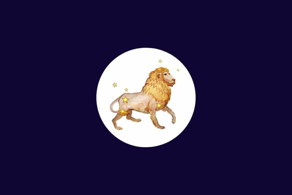 Horóscopo do dia: previsão para os 12 signos em 14/05/2025 59 Ilustração do signo de leão em um círculo branco sobre um fundo azul-escuro