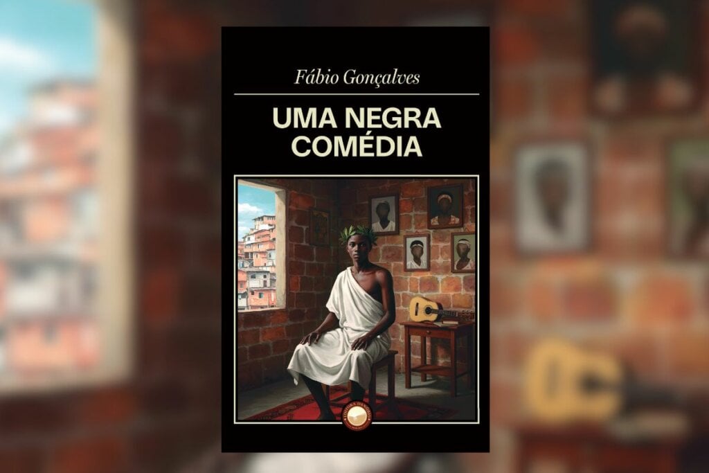 10 livros para construir uma cultura antirracista 53 Capa de livro com título e nome do autor e a imagem de um homem negro vestido com uma roupa grega sentado em quarto de tijolos com quadros em cima