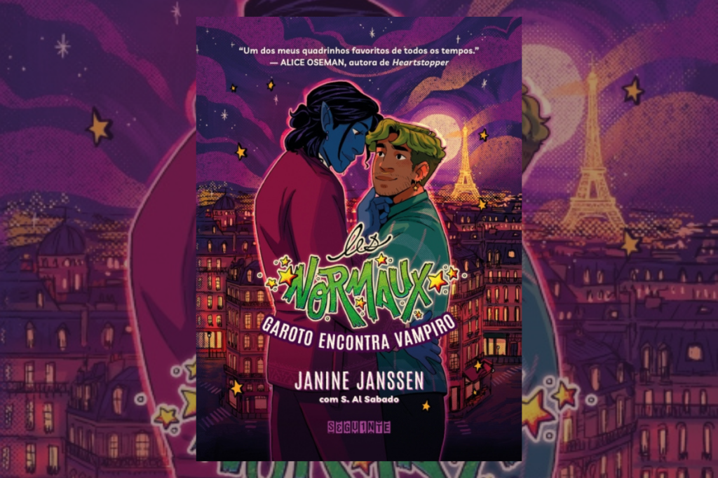 4 livros com temática LGBTQIAPN+ para ler no Mês do Orgulho 18 Capa de livro com título e nome do autor com a ilustração de um homem azul usando uma roupa vinho e outro homem com cabelo curto loiro usando um casaco verde. Ao fundo a cidade de Paris