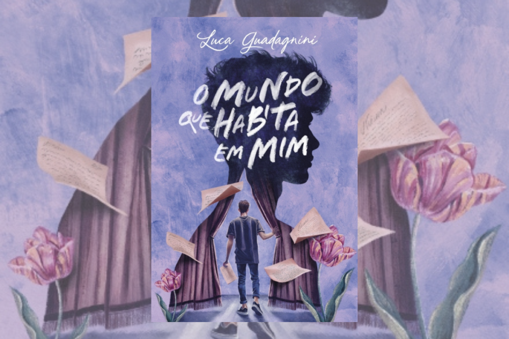 4 livros com temática LGBTQIAPN+ para ler no Mês do Orgulho 17 Capa de livro roxa com título e nome de autor com a ilustração da sombra de um jovem, e com um jovem entrando em uma cortina com papéis voando ao redor