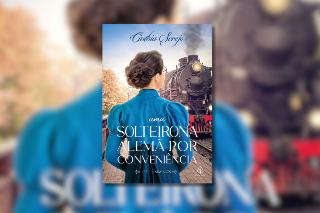 10 livros para presentear no Dia dos Namorados 54 Capa de livro com título escrito em branco e nome do autor em azul com a imagem de uma mulher de costas usando roupa de época e um trem chegando
