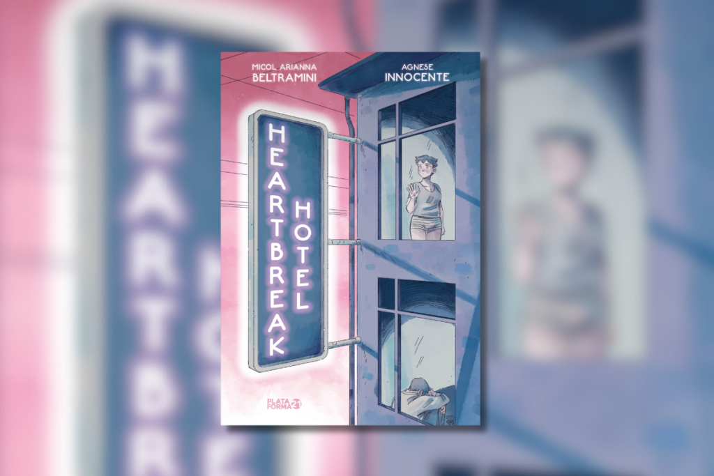 10 livros para presentear no Dia dos Namorados 49 Capa de livro com título e nome do autor e ilustração de um prédio com uma placa em neon com o nome do livro, e uma pessoa em uma janela olhando para fora e na outra janela uma pessoa sentada de costas