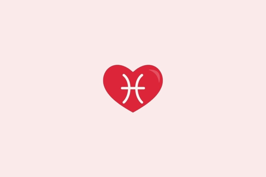 Veja o presente perfeito para cada signo no Dia dos Namorados 66 Ilustração do signo de Peixes em um coração vermelho sobre um fundo rosa-claro