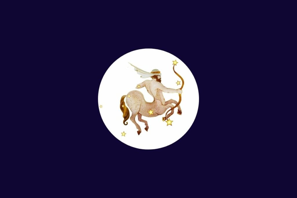 Horóscopo do dia: previsão para os 12 signos em 14/05/2025 63 Ilustração do signo de sagitário em um círculo branco sobre um fundo azul-escuro
