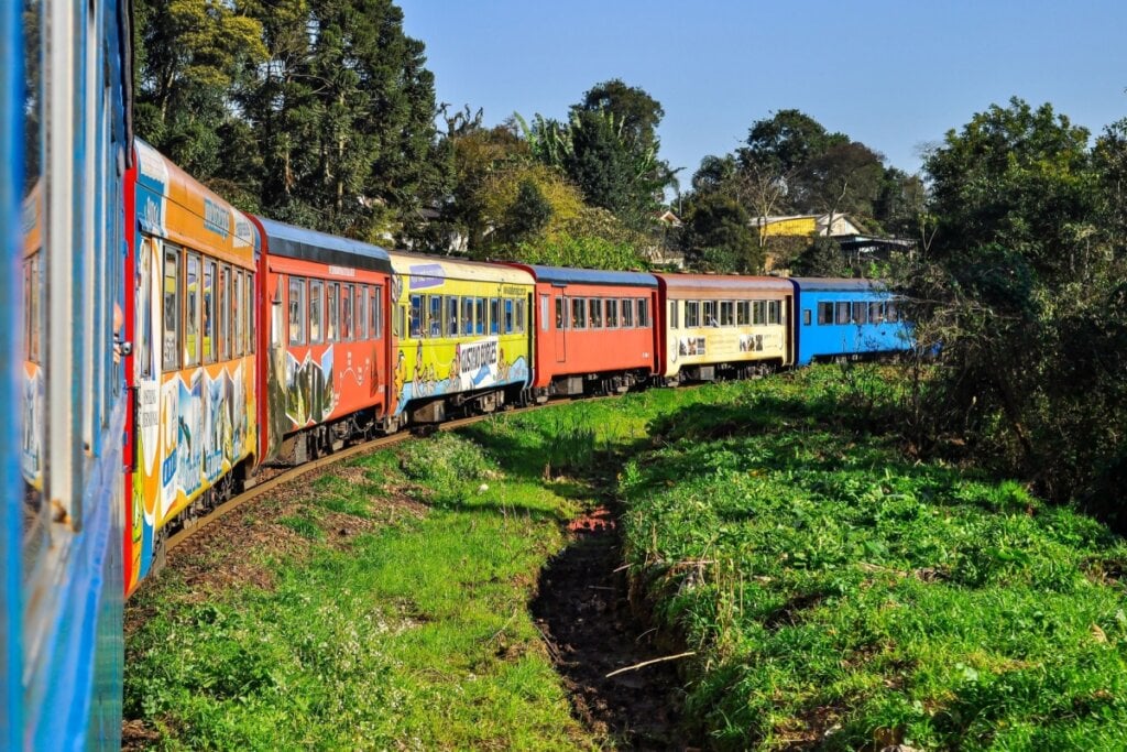 Conheça o passeio deslumbrante de Curitiba à Morretes 11 Imagem de vagões coloridos passando em trilho de trem em meio a natureza