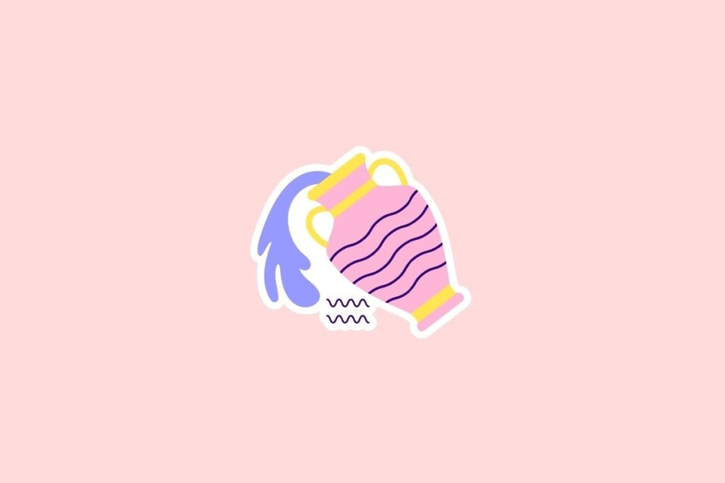 Horóscopo do dia: previsão para os 12 signos em 10/06/2025 65 Ilustração do símbolo de Aquário com um jarro cor-de-rosa vertendo água azul, sobre fundo rosa-claro