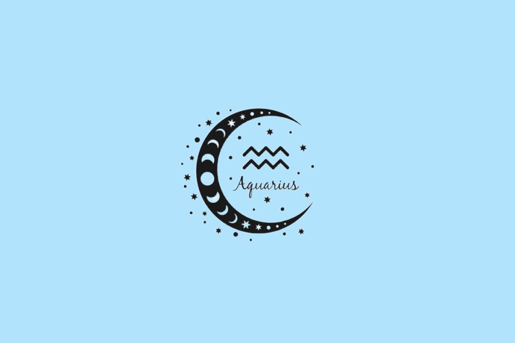 Horóscopo do dia: previsão para os 12 signos em 12/06/2025 65 Representação de Aquário com duas linhas onduladas paralelas, inserida em uma lua adornada com fases lunares, sobre fundo azul