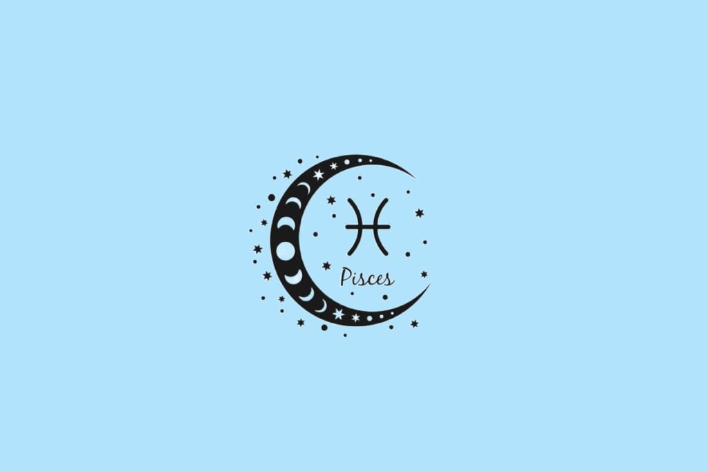 Horóscopo do dia: previsão para os 12 signos em 12/06/2025 66 Ícone de Peixes representado por dois arcos opostos conectados por uma linha, dentro de uma lua ilustrada com fases lunares, sobre fundo azul