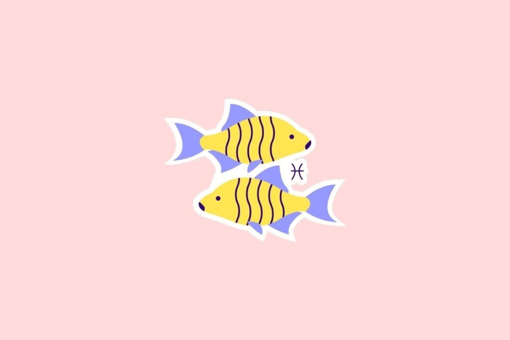 Horóscopo do dia: previsão para os 12 signos em 10/06/2025 66 Ilustração do símbolo de Peixes com dois peixes amarelos e detalhes em lilás, sobre fundo rosa-claro