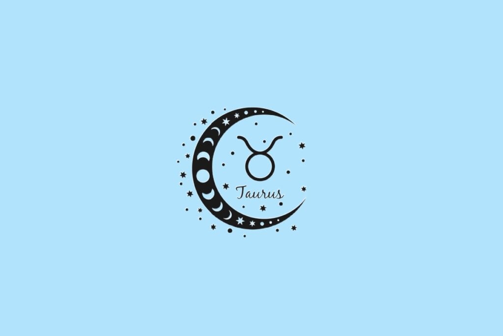 Horóscopo do dia: previsão para os 12 signos em 12/06/2025 56 Símbolo de Touro ilustrado por um círculo com chifres, inserido em uma lua crescente decorada com fases lunares, sobre fundo azul