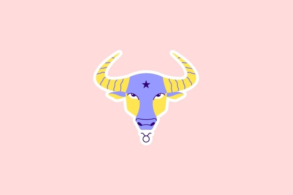 Horóscopo do dia: previsão para os 12 signos em 10/06/2025 56 Ilustração do rosto de um touro em amarelo e roxo com chifres listrados e o símbolo de Touro abaixo, sobre fundo rosa-claro