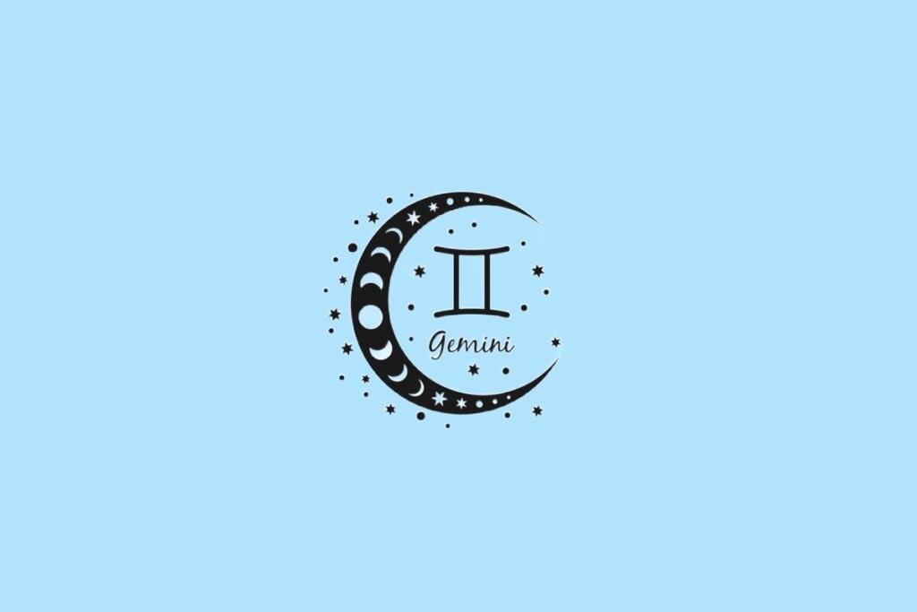 Horóscopo do dia: previsão para os 12 signos em 12/06/2025 57 Representação de Gêmeos com duas linhas verticais paralelas dentro de uma lua ornamentada com fases lunares, sobre fundo azul