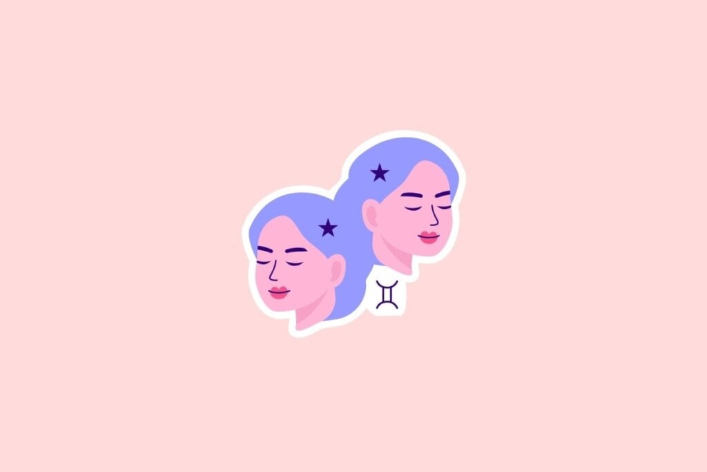 Horóscopo do dia: previsão para os 12 signos em 10/06/2025 57 Ilustração de dois rostos femininos lilás com olhos fechados e o símbolo de Gêmeos entre eles, sobre fundo rosa-claro