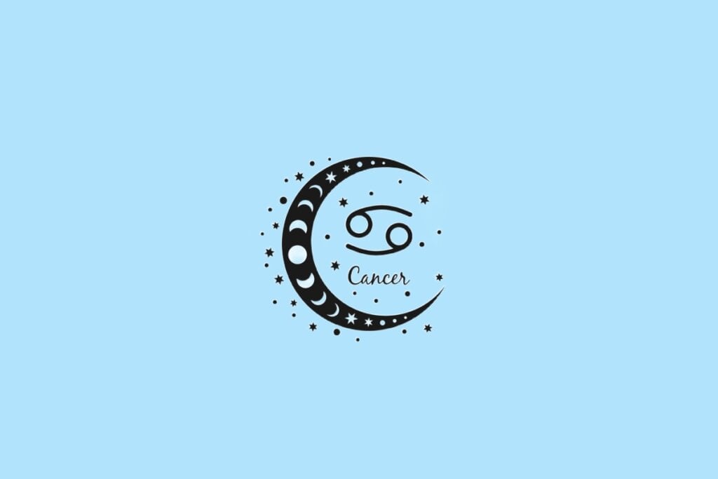 Horóscopo do dia: previsão para os 12 signos em 12/06/2025 58 Símbolo de Câncer representado por dois círculos conectados por curvas dentro de uma lua estilizada com fases lunares, sobre fundo azul