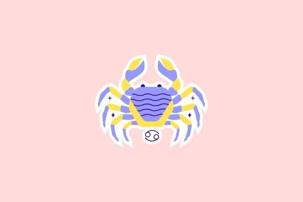Horóscopo do dia: previsão para os 12 signos em 10/06/2025 58 Ilustração de um caranguejo estilizado em amarelo, azul e lilás com o símbolo de Câncer abaixo, sobre fundo rosa-claro
