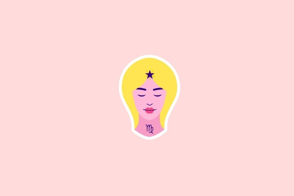 Horóscopo do dia: previsão para os 12 signos em 10/06/2025 60 Ilustração de um rosto feminino com cabelos amarelos, olhos fechados e o símbolo de Virgem no pescoço, sobre fundo rosa-claro