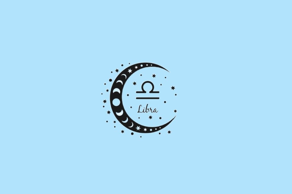 Horóscopo do dia: previsão para os 12 signos em 12/06/2025 61 Representação de Libra com uma linha horizontal e um arco acima, inserida no centro de uma lua com detalhes das fases lunares, sobre fundo azul