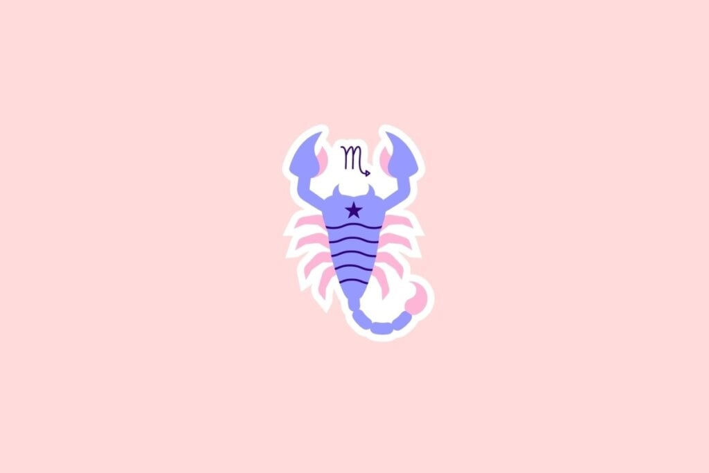 Horóscopo do dia: previsão para os 12 signos em 10/06/2025 62 Ilustração de um escorpião em tons de azul, roxo e rosa com o símbolo de Escorpião acima, sobre fundo rosa-claro