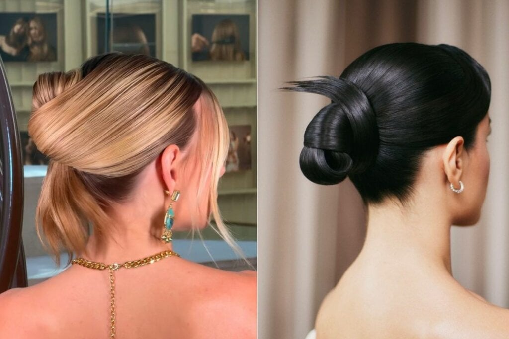 5 penteados diferentes para noivas que querem sair do óbvio 21 Foto colagem de duas mulheres viradas de costas com coque torcido no cabelo