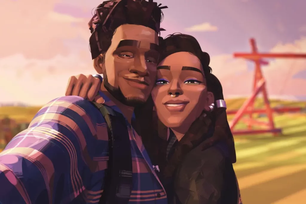 8 filmes românticos para assistir no Dia dos Namorados 37 Cena do filme de animação "Entergalatic", com desenho de homem e mulher abraçados e sorrindo.