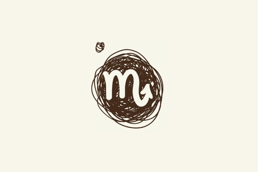 Horóscopo do dia: previsão para os 12 signos em 05/06/2025 62 Ilustração do símbolo do signo de escorpião sobre um rabisco marrom, com fundo bege-claro.