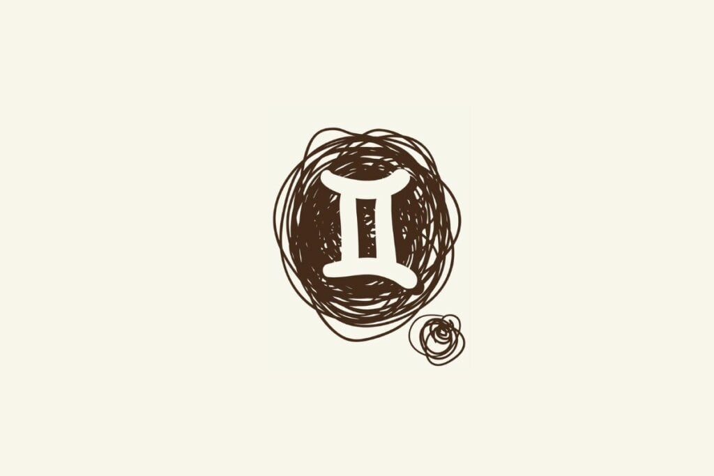 Horóscopo do dia: previsão para os 12 signos em 05/06/2025 57 Ilustração do símbolo do signo de gêmeos sobre um rabisco marrom, com fundo bege-claro.