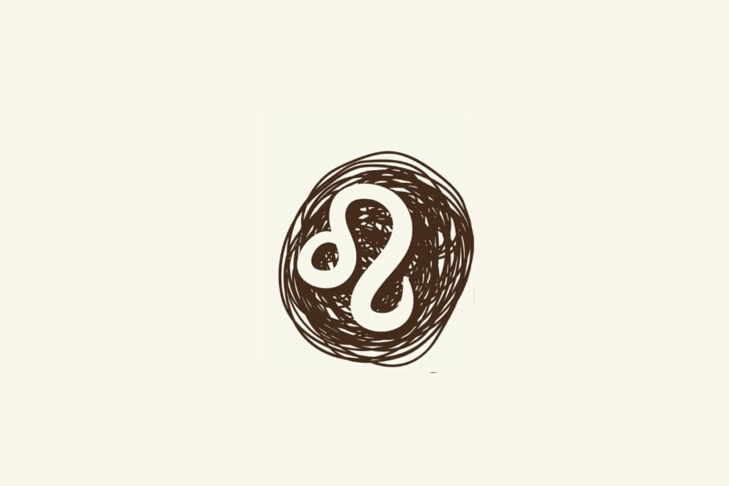 Horóscopo do dia: previsão para os 12 signos em 05/06/2025 59 Ilustração do símbolo do signo de leão sobre um rabisco marrom, com fundo bege-claro.