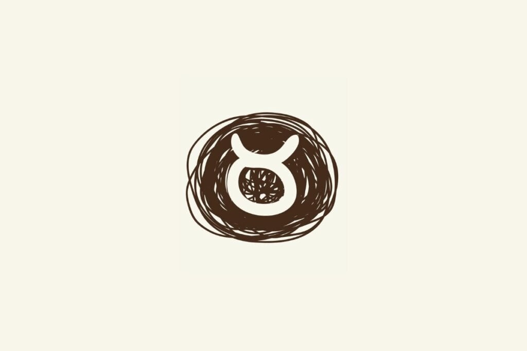 Horóscopo do dia: previsão para os 12 signos em 05/06/2025 56 Ilustração do símbolo do signo de touro sobre um rabisco marrom, com fundo bege-claro.