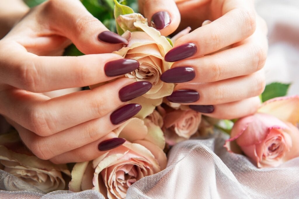 duas mãos femininas com unhas alongadas e em tom de vinho segurando rosas